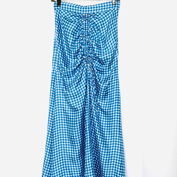 PAPER LONDON Silk Islamorada  Blue Check Ruched Maxi Mermaid Skirt Size: 6 - Picture 3 of 7